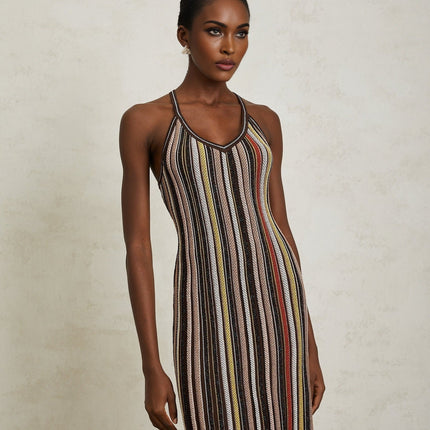 Miriam Mini Dress in luxurious brown striped knit with metallic accents