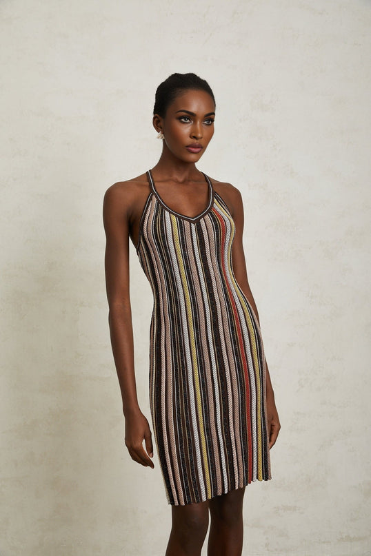 Miriam Mini Dress in luxurious brown striped knit with metallic accents