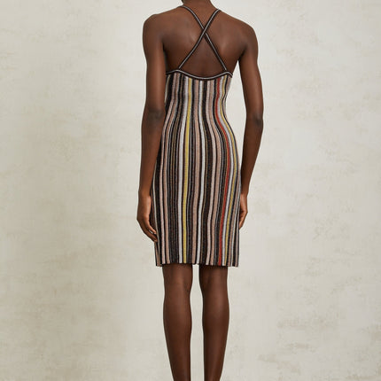 Miriam Mini Dress Brown Striped Knit Metallic Halterneck Spaghetti Straps Pleated Thigh-Length Terylene Fiber
