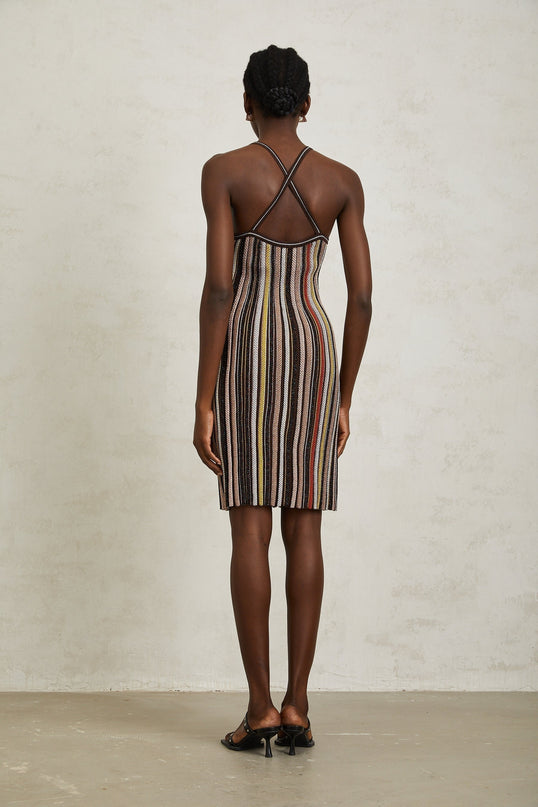 Miriam Mini Dress Brown Striped Knit Metallic Halterneck Spaghetti Straps Pleated Thigh-Length Terylene Fiber
