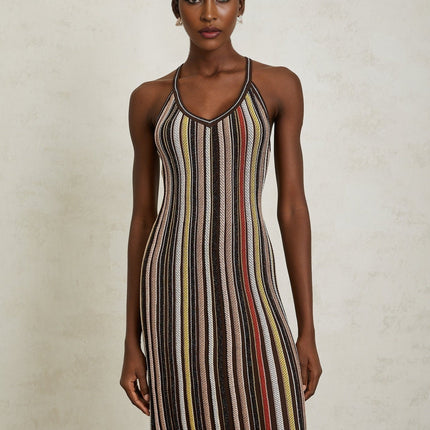 Miriam Mini Dress in Brown Striped Knit with Metallic Accents
