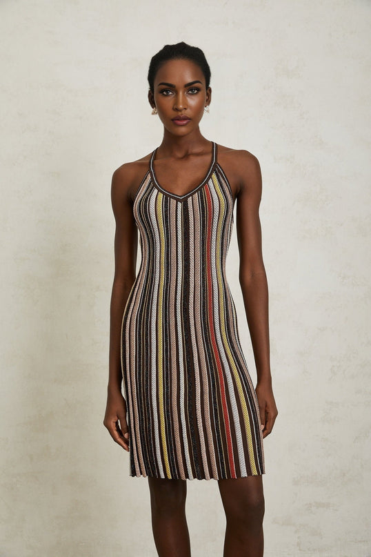 Miriam Mini Dress in Brown Striped Knit with Metallic Accents