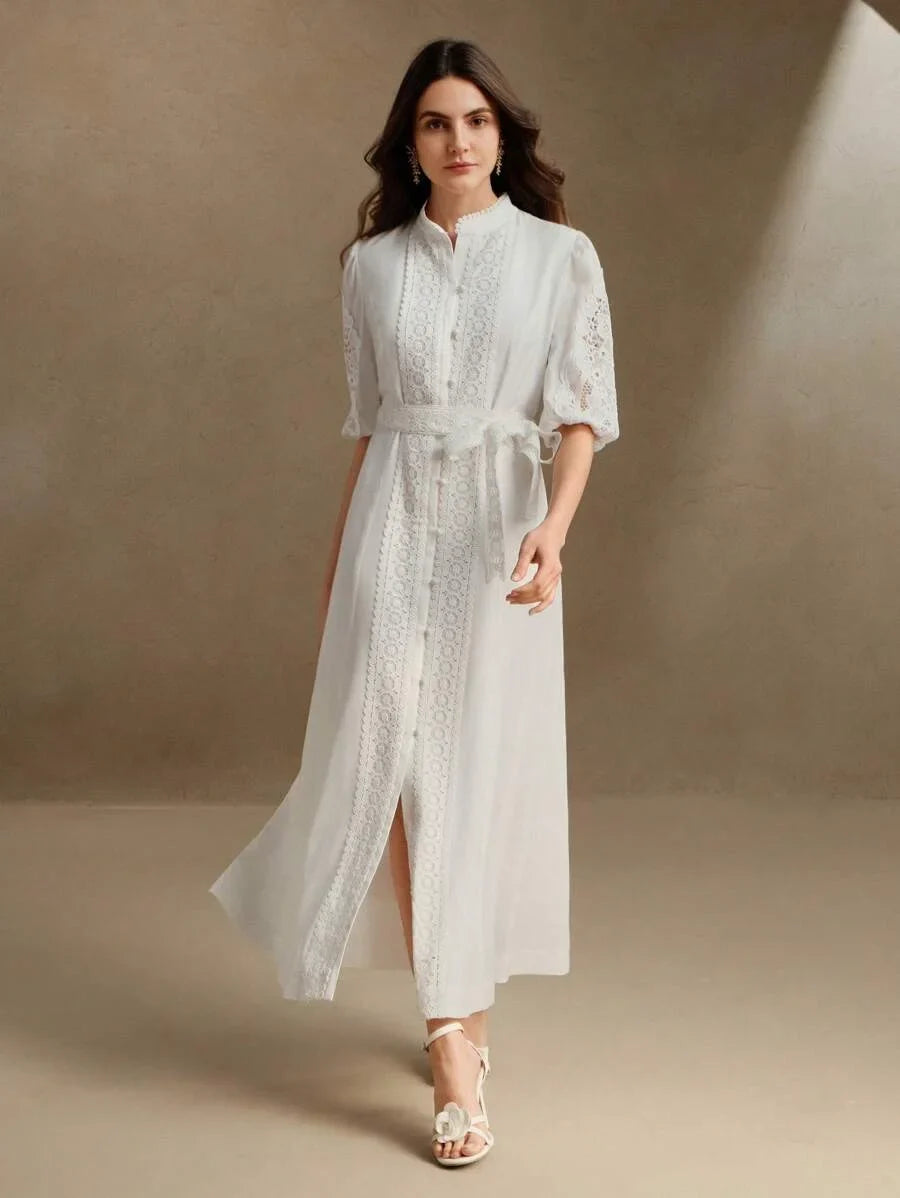 Mock Neck MidSleeve Long Cinched Waist Waist Elegant Urban Dress Suitable For SpringSummer