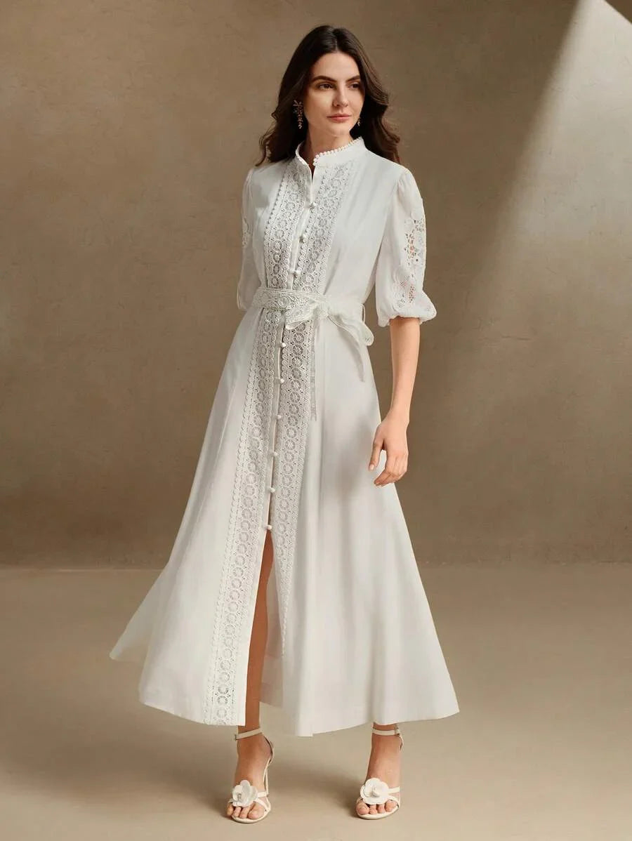 Mock Neck MidSleeve Long Cinched Waist Waist Elegant Urban Dress Suitable For SpringSummer