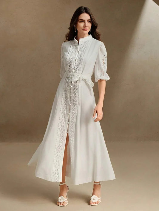 Mock Neck MidSleeve Long Cinched Waist Waist Elegant Urban Dress Suitable For SpringSummer