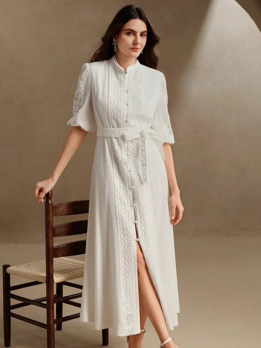 Mock Neck MidSleeve Long Cinched Waist Waist Elegant Urban Dress Suitable For SpringSummer