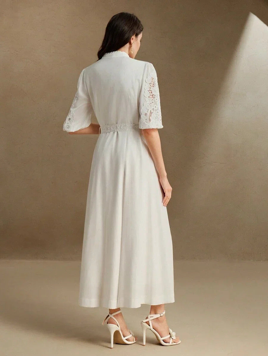 Mock Neck MidSleeve Long Cinched Waist Waist Elegant Urban Dress Suitable For SpringSummer
