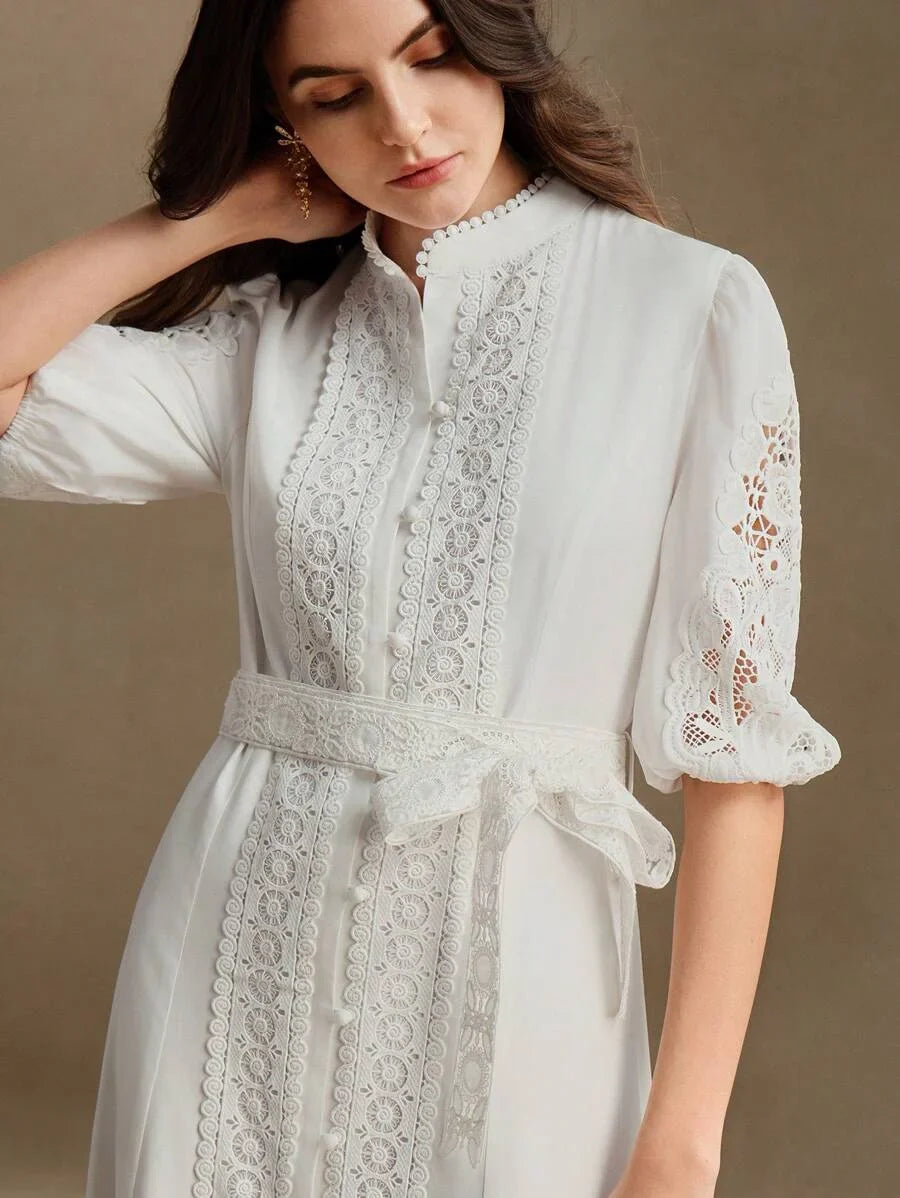 Mock Neck MidSleeve Long Cinched Waist Waist Elegant Urban Dress Suitable For SpringSummer