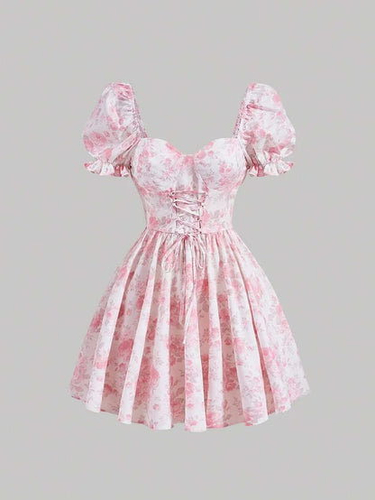 MOD Floral Print Lace Up Front Puff Sleeve Dress