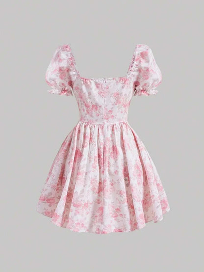 MOD Floral Print Lace Up Front Puff Sleeve Dress