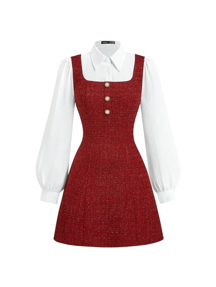 MOD Women Elegant Collared Long Sleeve Patchwork Dress Spring Autumn