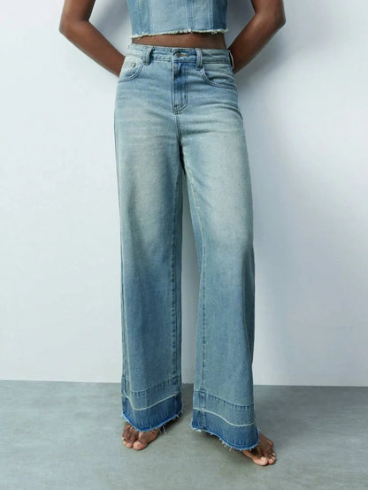 Modern Casual Light Blue SpringSummer Womens Distressed Raw Hem Straight Leg Jeans Western Wear