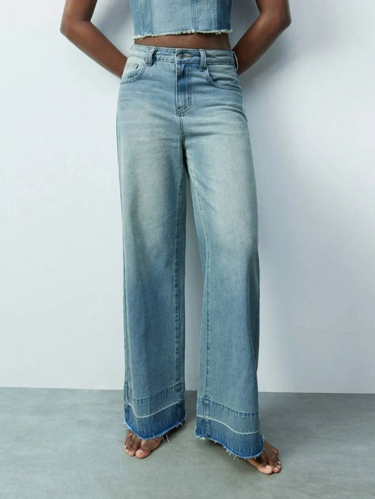Modern Casual Light Blue SpringSummer Womens Distressed Raw Hem Straight Leg Jeans Western Wear
