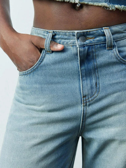 Modern Casual Light Blue SpringSummer Womens Distressed Raw Hem Straight Leg Jeans Western Wear