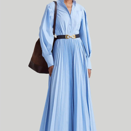 Giana wearing Modisches Blue Dress ankle-length masterpiece lapel neckline natural waist full sleeves striped pattern luxurious blend of cotton and polyester Italian craftsmanship European charm style exquisite creation