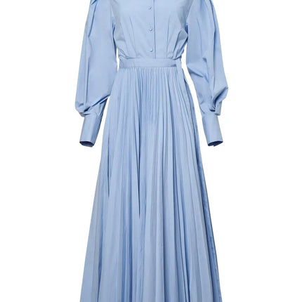 Giana wearing Modisches Blue Dress ankle-length masterpiece lapel neckline natural waist full sleeves striped pattern cotton polyester blend