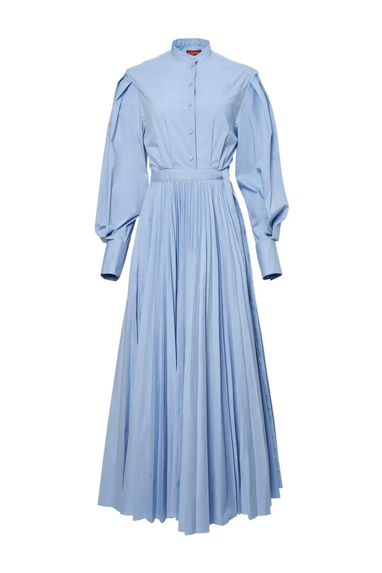 Giana wearing Modisches Blue Dress ankle-length masterpiece lapel neckline natural waist full sleeves striped pattern cotton polyester blend