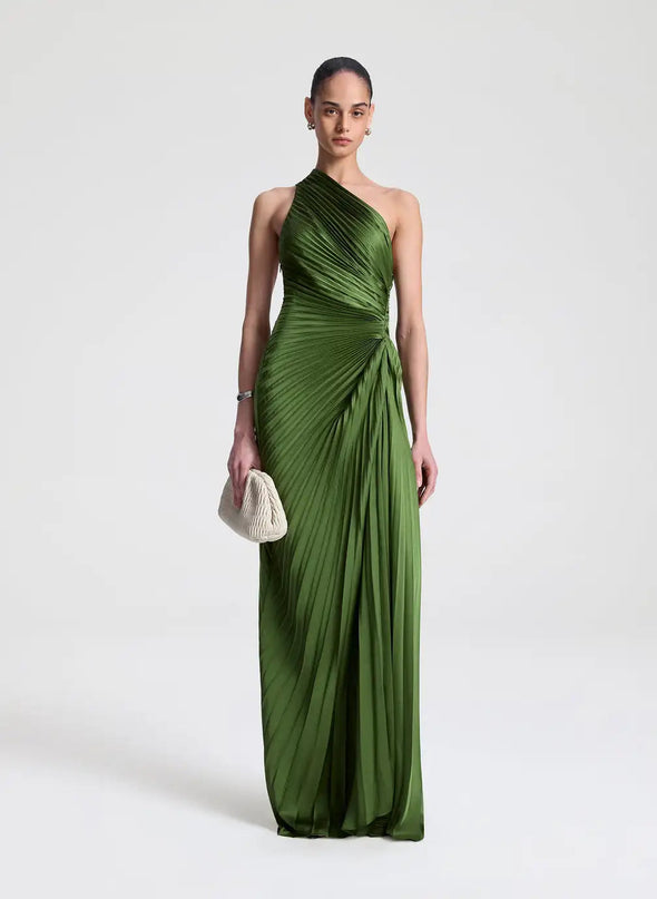 Rosanna wearing modisches green dress Italian polyester fabric sleeveless pullover closure stand neckline natural waistline sheath silhouette luxury timeless design