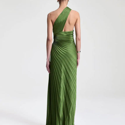 Rosanna wearing modisches green dress Italian polyester fabric sleeveless pullover closure solid pattern stand neckline natural waistline sheath silhouette luxury contemporary allure timeless design