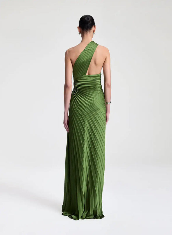 Rosanna wearing modisches green dress Italian polyester fabric sleeveless pullover closure solid pattern stand neckline natural waistline sheath silhouette luxury contemporary allure timeless design