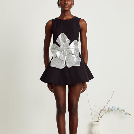 Monica Black Sequin Floral Embellished Mini Dress