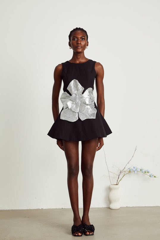 Monica Black Sequin Floral Embellished Mini Dress