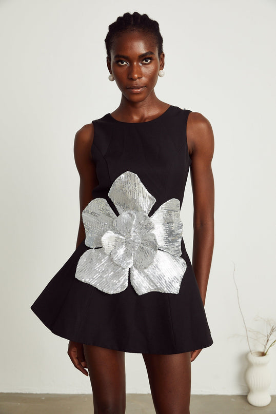 Monica Black Sequin Floral Mini Dress
