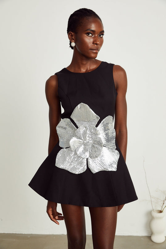 Monica Black Sequin Floral Mini Dress