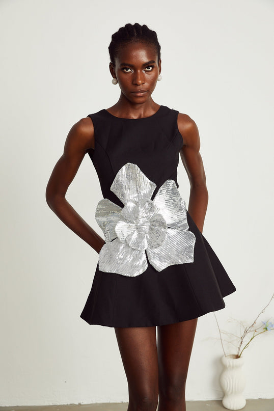 Monica Black Sequin Floral Mini Dress