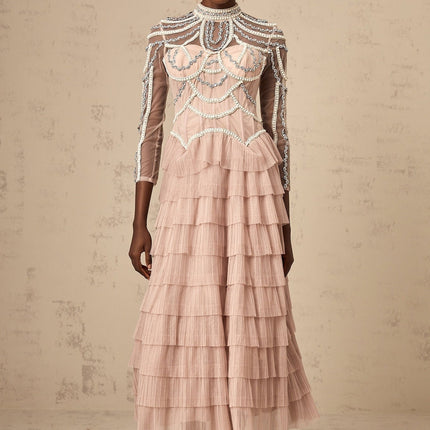 Monica Blush Pink Tiered Beaded Gown Crew Neck Semi-Sheer Sleeves Zip Fastening Terylene Fabric