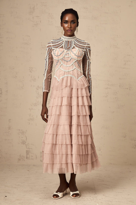 Monica Blush Pink Tiered Beaded Gown Crew Neck Semi-Sheer Sleeves Zip Fastening Terylene Fabric