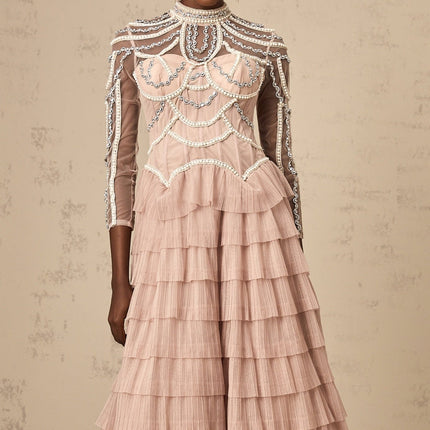 Monica Blush Pink Tiered Beaded Gown Crew Neck Long Sleeves Rear Zip 100% Terylene