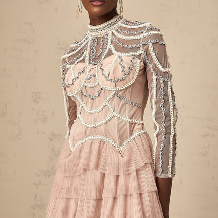 Monica Blush Pink Tiered Beaded Gown Crew Neck Semi-Sheer Sleeves Rear Zip Fastening Terylene Fabric