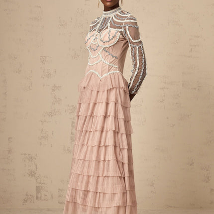 Monica Blush Pink Tiered Beaded Gown with Crew Neck and Semi-Sheer Sleeves in 100% Terylene