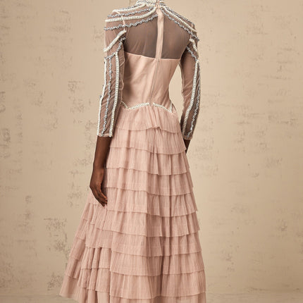 Monica Blush Pink Tiered Beaded Gown with Crew Neck and Semi-Sheer Sleeves