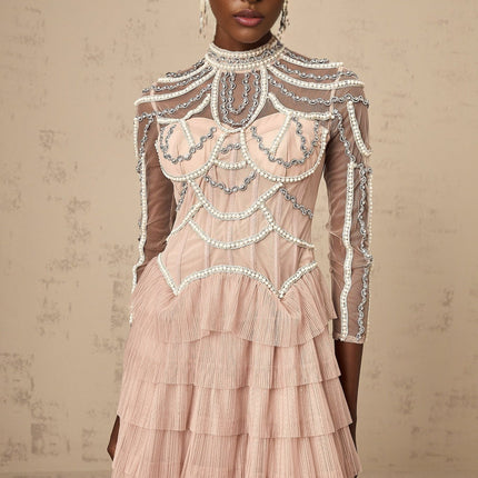 Monica Blush Pink Tiered Beaded Gown