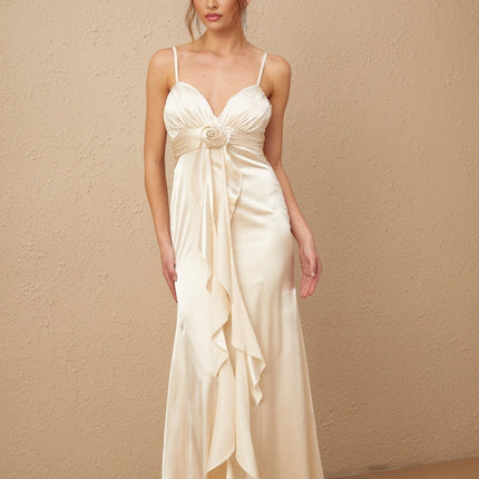 Monica Floral Appliqué Maxi Dress in Neutrals satin corset floral ruffle peplum ribbon V-neckline sleeveless spaghetti straps Terylene Polyester