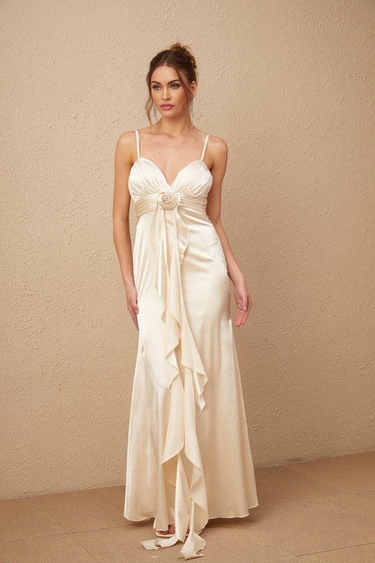 Monica Floral Appliqué Maxi Dress in Neutrals satin corset floral ruffle peplum ribbon V-neckline sleeveless spaghetti straps Terylene Polyester