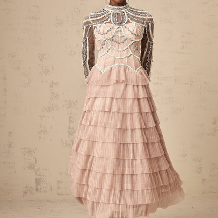 Monica Gown in Blush Pink with Tiered Design and Bead Embellishments