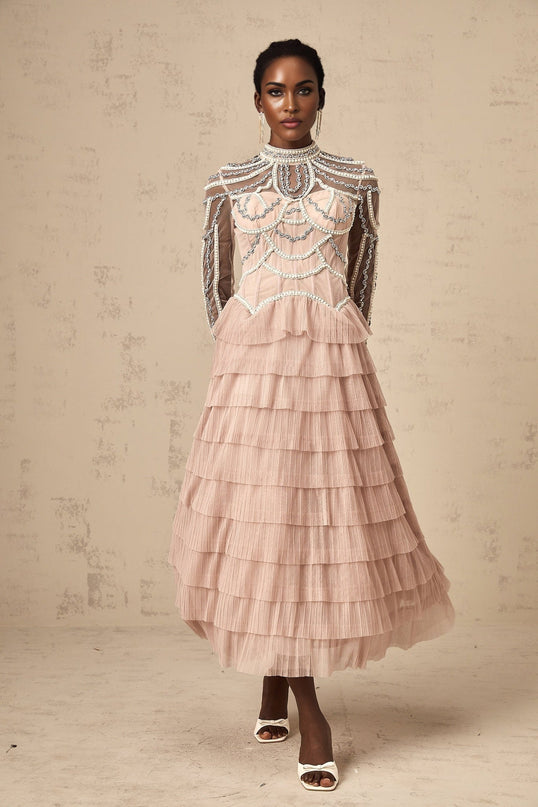 Monica Gown in Blush Pink with Tiered Design and Bead Embellishments