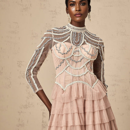 Monica Gown in Blush Pink with Tiered Design and Bead Embellishments