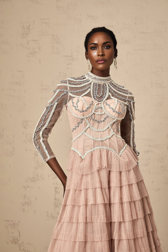Monica Gown in Blush Pink with Tiered Design and Bead Embellishments