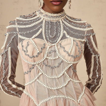 Monica Gown in Blush Pink Tiered Design Bead Embellishments Crew Neck Semi-Sheer Sleeves Rear Zip Fastening 100% Terylene
