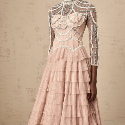 Monica Gown in Blush Pink Tiered Design Bead Embellishments Crew Neck Semi-Sheer Sleeves Rear Zip Fastening 100% Terylene