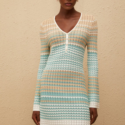 Monica Green Metallic Crochet Knit Mini Dress with V-Neck and Flared Cuffs