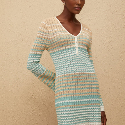 Monica Green Metallic Crochet Knit Mini Dress with Flared Cuffs and Decorative Buttons