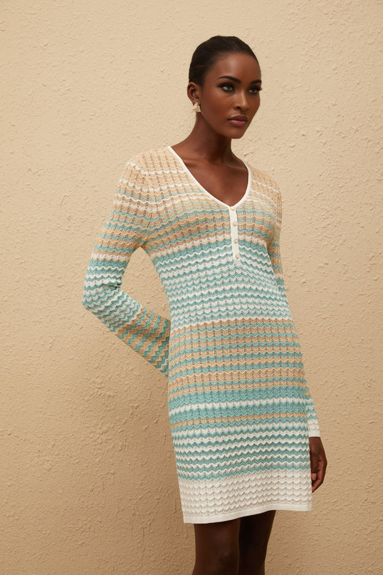Monica Green Metallic Crochet Knit Mini Dress with Flared Cuffs and Decorative Buttons
