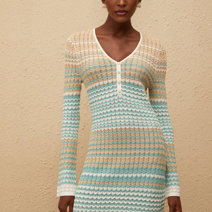 Monica Green Metallic Crochet Knit Mini Dress with Wavy Pattern V-Neck Flared Cuffs Decorative Buttons Ribbed Hem Metallic Threading Thigh-Length Silhouette