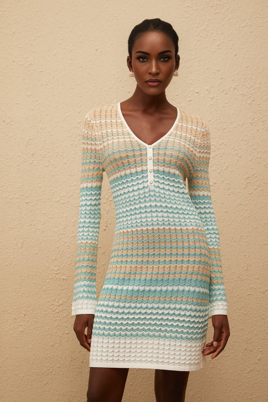 Monica Green Metallic Crochet Knit Mini Dress with Wavy Pattern V-Neck Flared Cuffs Decorative Buttons Ribbed Hem Metallic Threading Thigh-Length Silhouette
