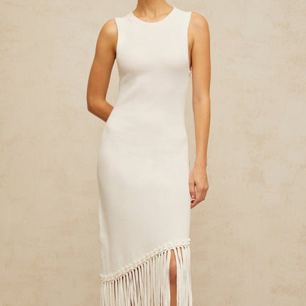 Monica Maxi Dress Fringed Knit White Sleeveless Elegant